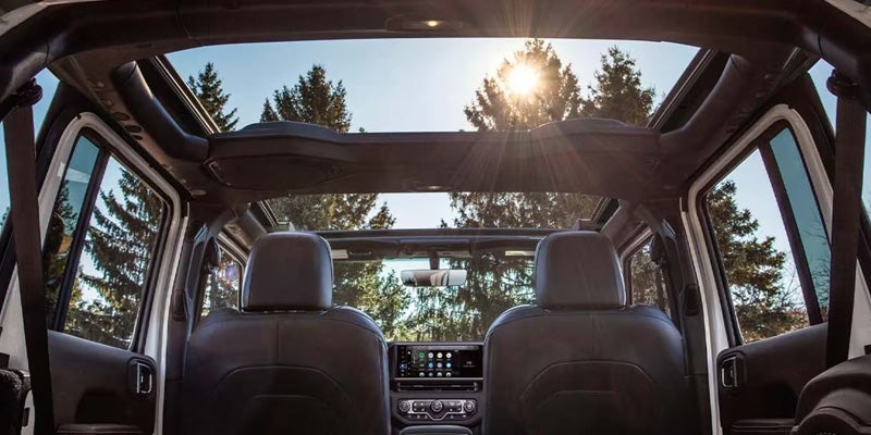 Interior view looking through open roof of Jeep